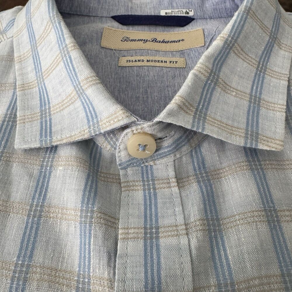Tommy Bahama Island Modern Fit Shirt Men XXL White Tan Blue Stripe Linen Cotton - Picture 2 of 11